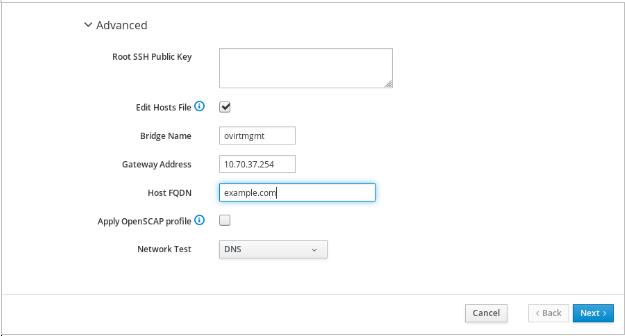 The advanced options for Hosted engine Deployment window.