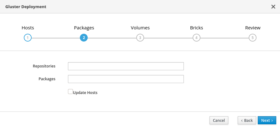 The Packages tab of the Gluster Deployment window with the default blank fields shown