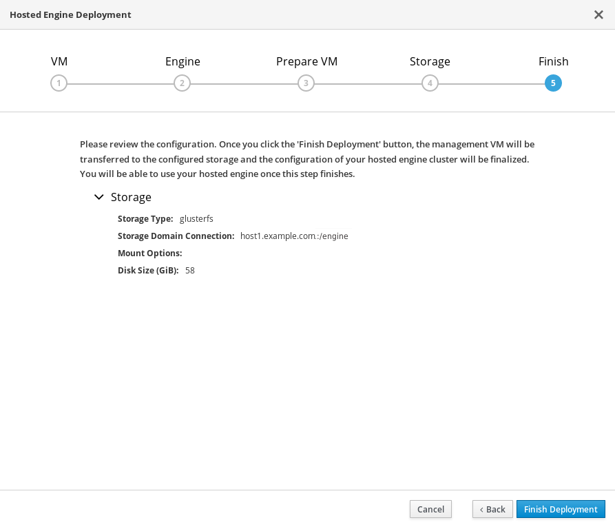 The Finish tab of the Hosted Engine Deployment window with details of the Hosted Engine’s storage displayed.