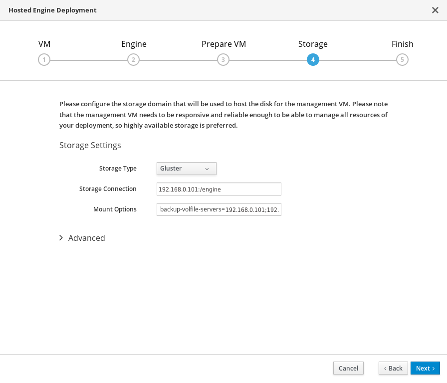 The Storage tab of the Hosted Engine Deployment window with the engine volume specified as hosted engine virtual machine storage.