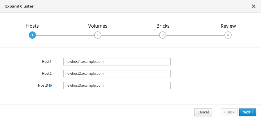 The Hosts tab of the Gluster Deployment window