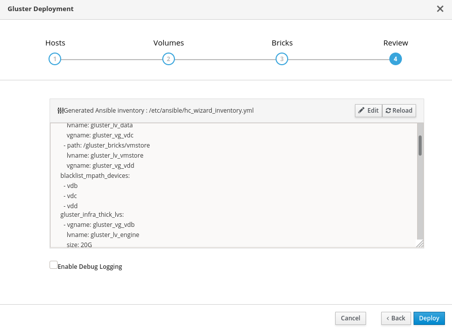 The Review tab of the Gluster Deployment window with part of the generated deployment configuration file visible