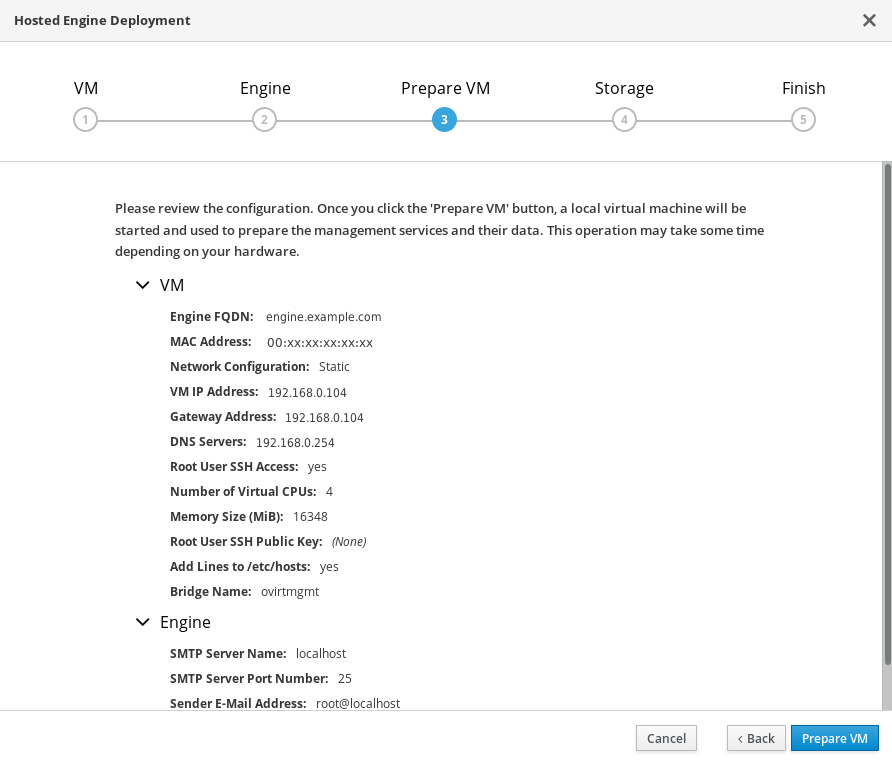 The Prepare VM tab of the Hosted Engine Deployment window with configuration details displayed for review.