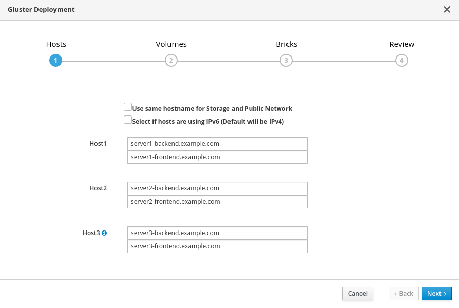 The Hosts tab of the Gluster Deployment window with example IP addresses in the Host Address fields