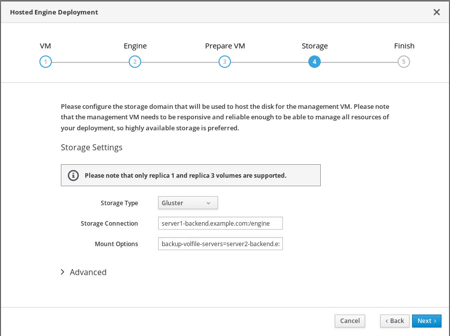 The Storage tab of the Hosted Engine Deployment window with the engine volume specified as hosted engine virtual machine storage.