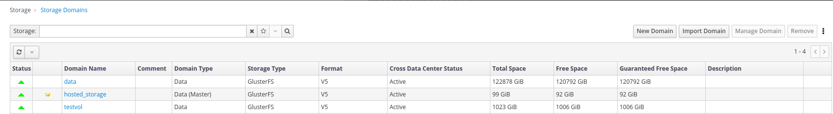 Administration Console storage domain dashboard