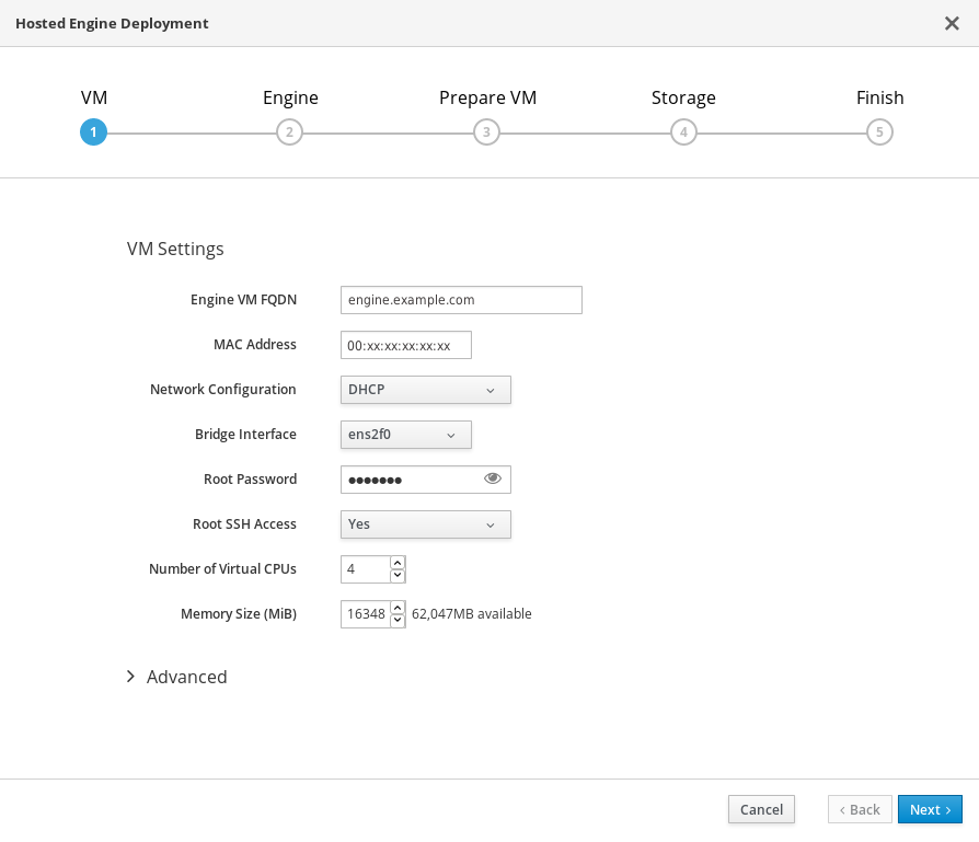 The VM tab of the Hosted Engine Deployment window with example values entered in all fields.