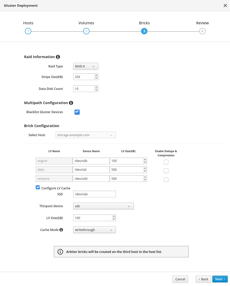 The Bricks tab of the single node deployment wizard