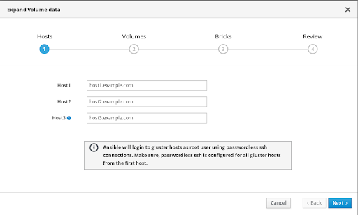 The Hosts tab of the Gluster Deployment window