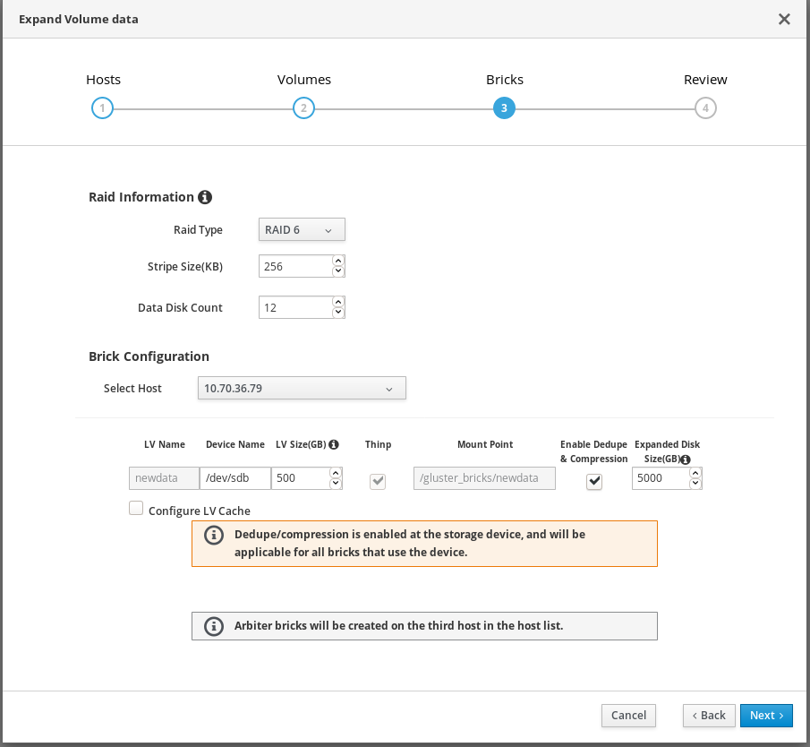 The Bricks tab of the Gluster Deployment window