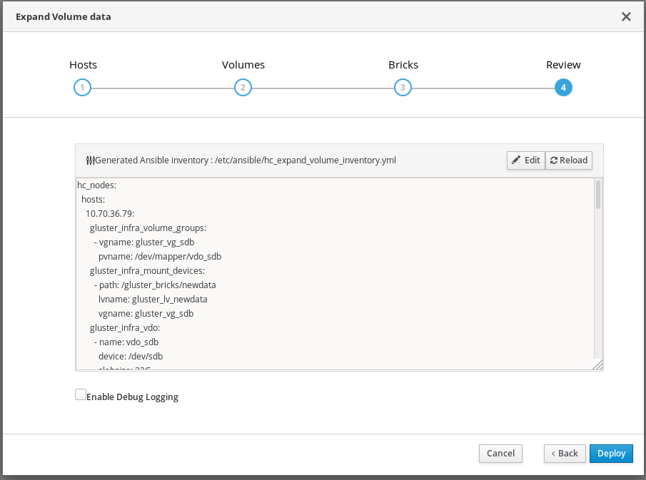 The Review tab of the Gluster Deployment window