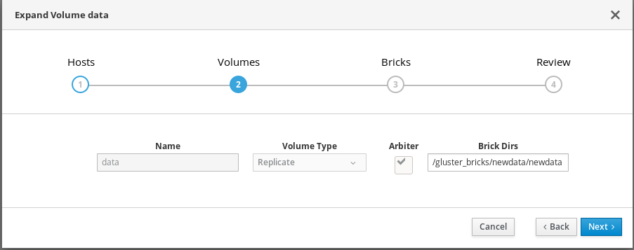 The Volumes tab of the Gluster Deployment window