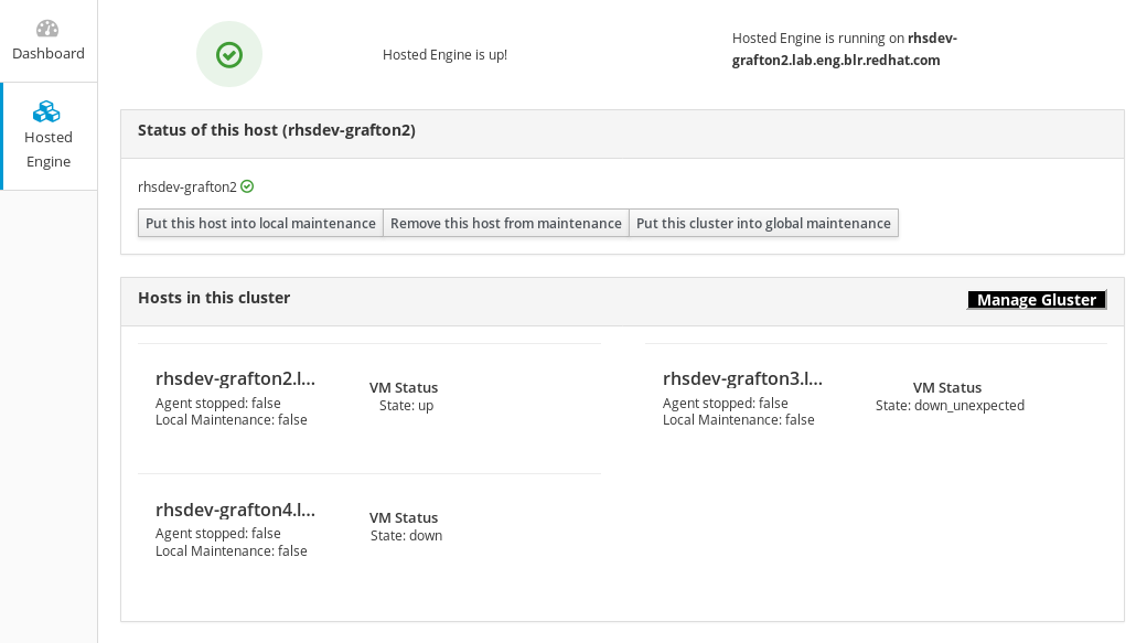 The Hosted Engine dashboard showing a number of configured hosts