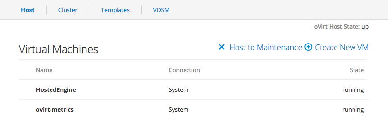 The Hosts subtab of the oVirt Machines tab in the Web Console