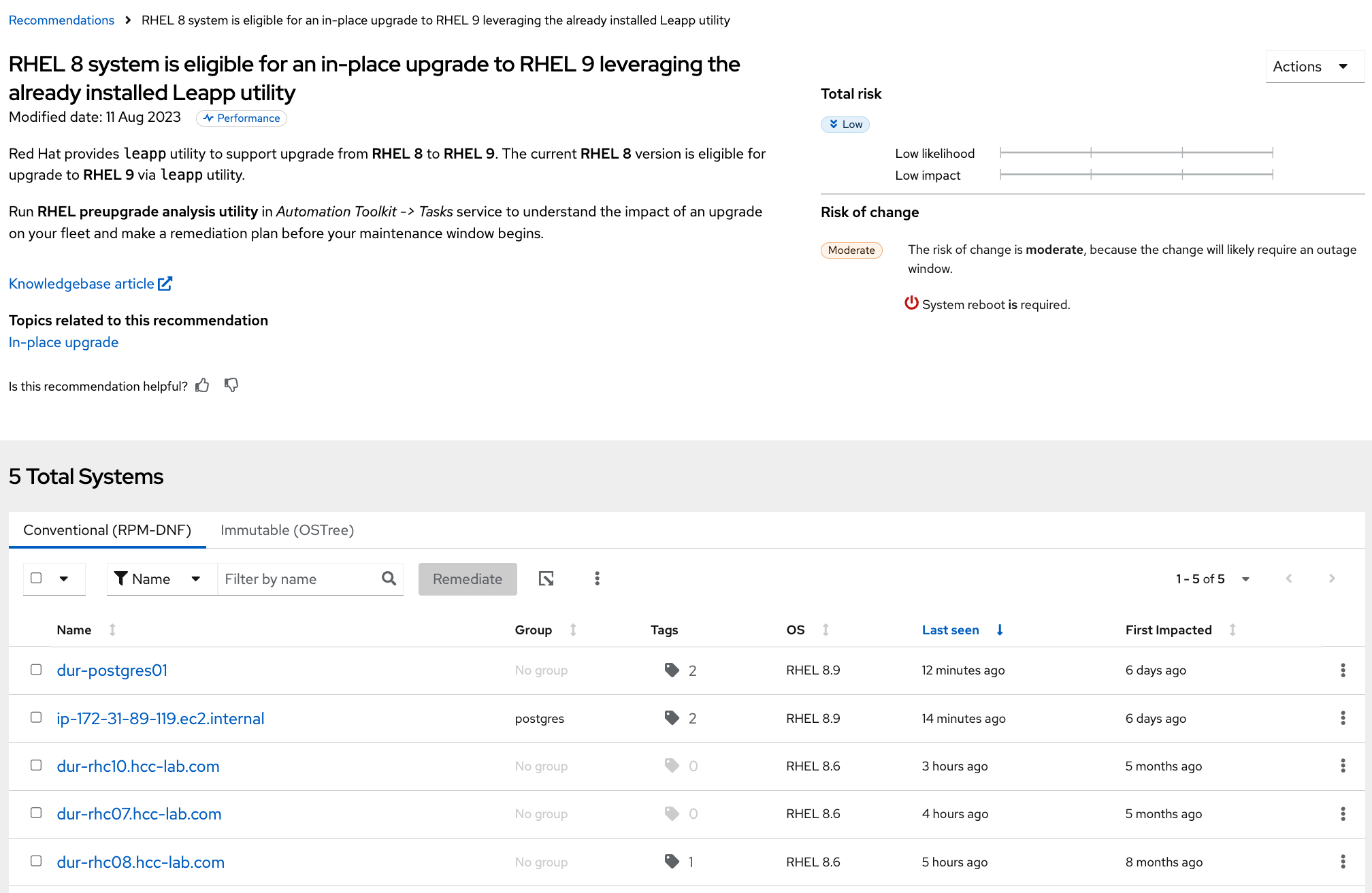 An upgrade inhibiting recommendation with affected systems