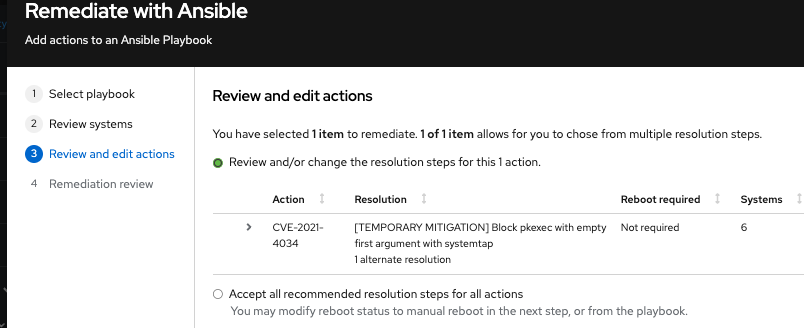 selection of review and/or change the resolution steps for this 1 action option