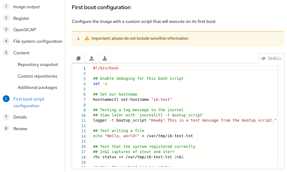 The first boot script configuration page