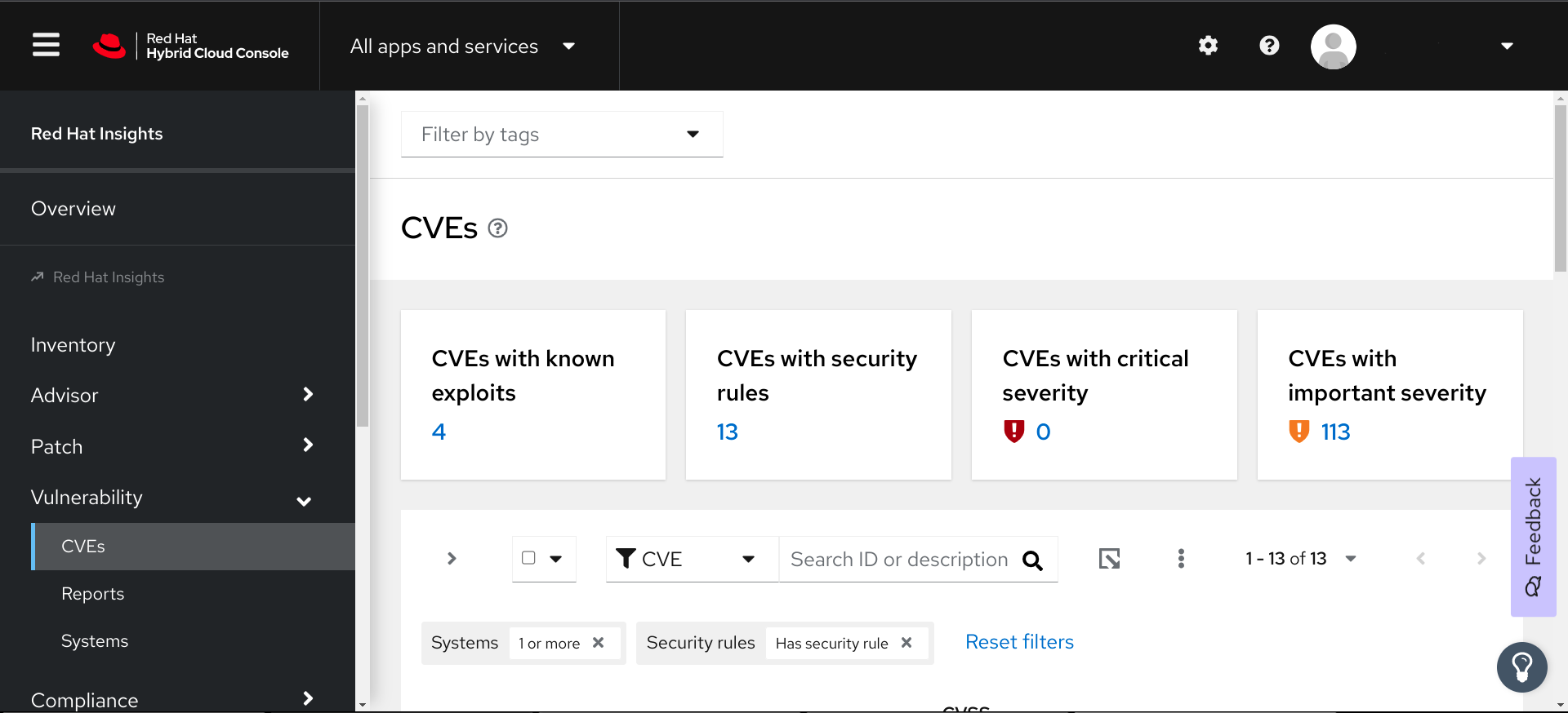 screenshot of the Vulnerability CVE dashbar