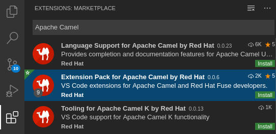 Selecting the VS Code Extension Pack for Apache Camel by Red Hat