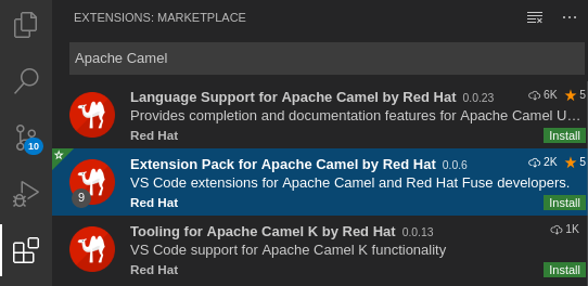 Red Hat의 Apache Camel용 VS Code 확장 팩 선택