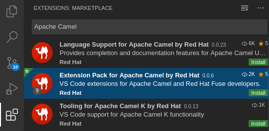 选择红帽 Apache Camel 的 VS Code 扩展包