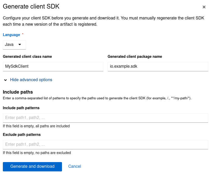 レジストリー Web コンソールでの Java クライアント SDK の生成