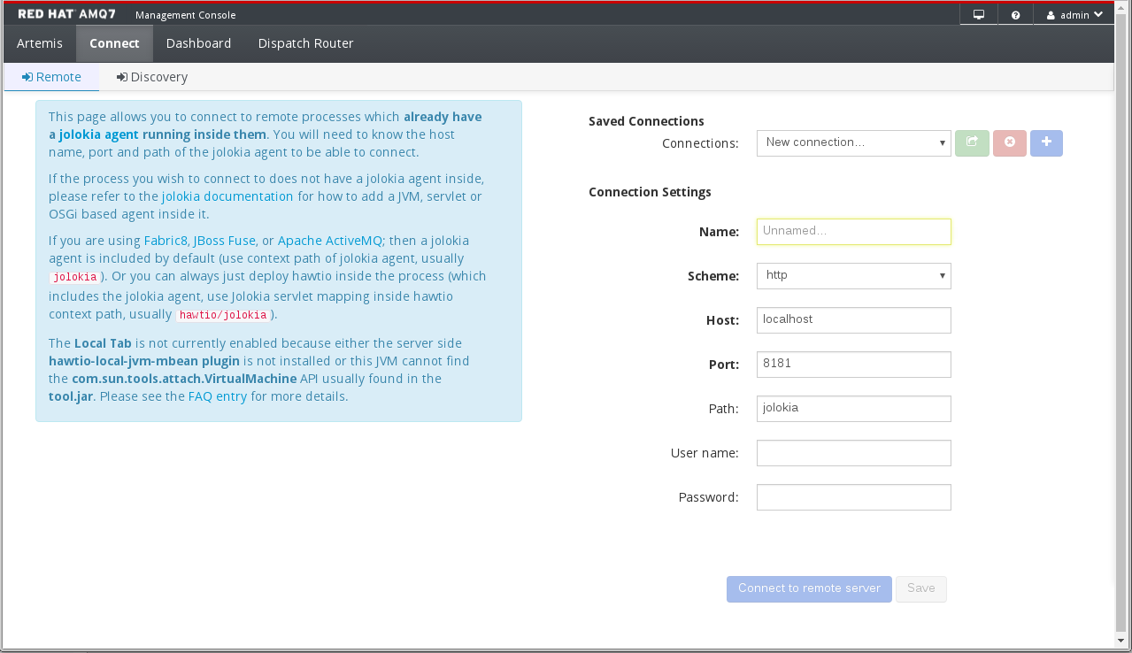 AMQ Console Connect Page