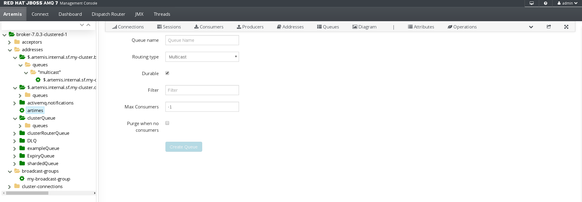 AMQ Console Create Queue