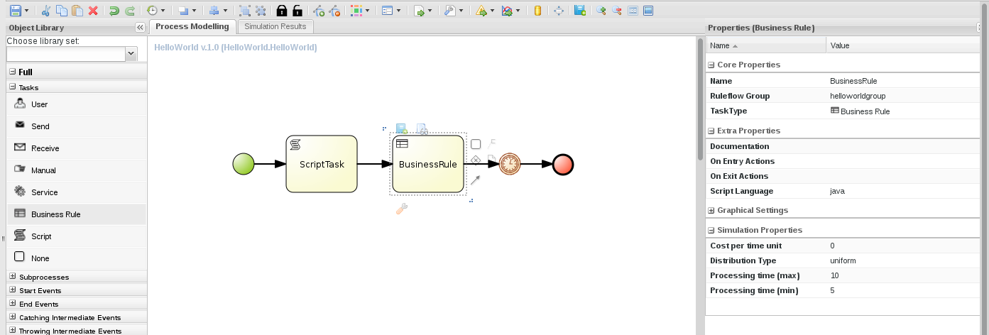 The helloworld process with the Business Rule Task and its properties