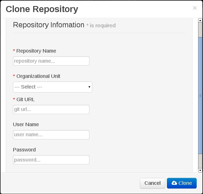 A screenshot of the BRMS Administration menu - Clone repository pop-up window