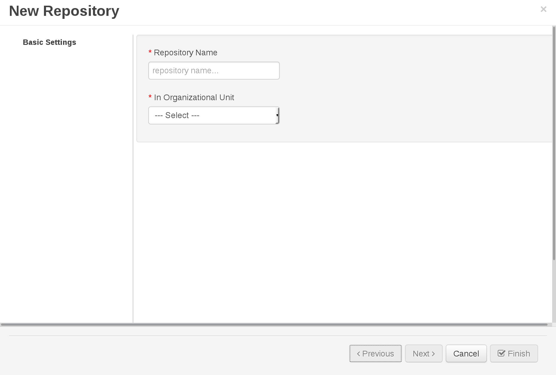 A screenshot of the BRMS Administration menu - Create repository pop-up window