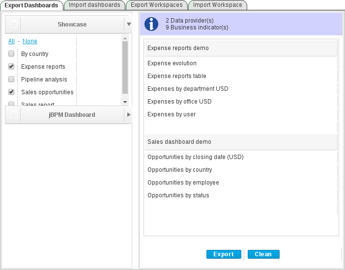 export dashboards selected