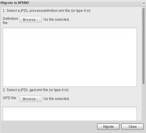 Window displayed for migrating definition files to BPMN2.