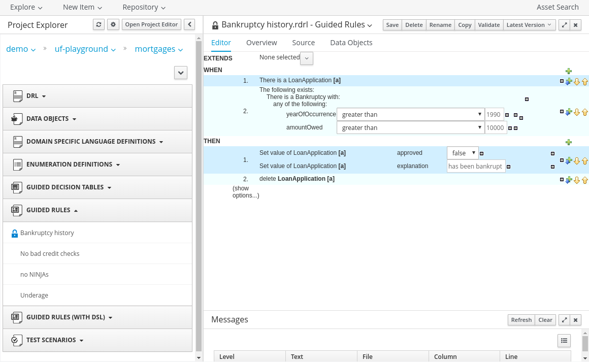 Red Hat JBoss BRMS Guided Template Editor screenshot example for BRMS USer Guide 6.0.2.