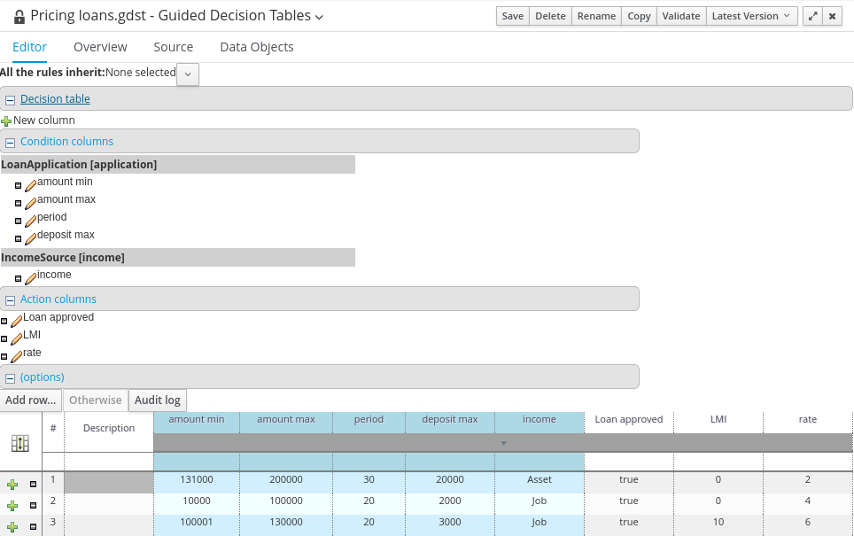 Within the Options section under the Decision table, the user has the ability to set a default value.