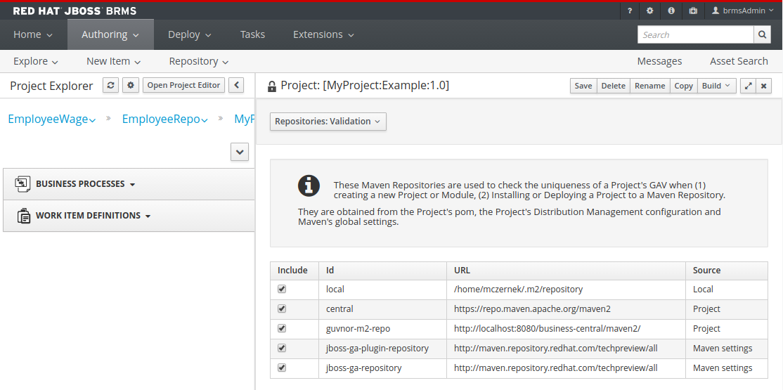 A screenshot of the BRMS Project Editor - Validation Screen