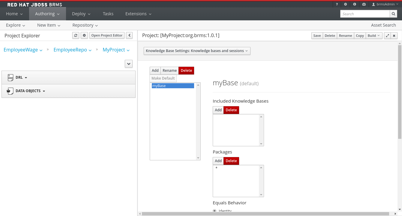 A screenshot of the BRMS Project Editor - Knowledge Base and Session Settings Screen