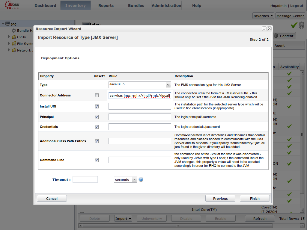 Modify the values in the Deployment Options screen.