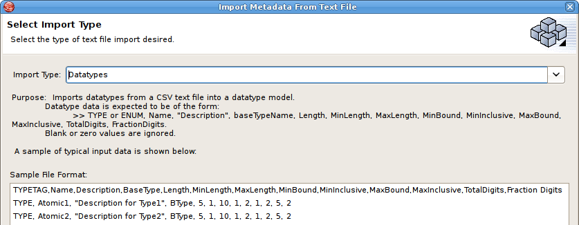 Select Import Type - Datatypes (CSV Format)