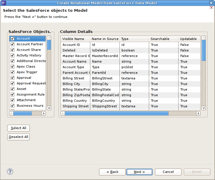 Select Salesforce Objects Dialog