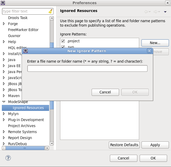 ModeShape: Ignored Resources preferences dialog