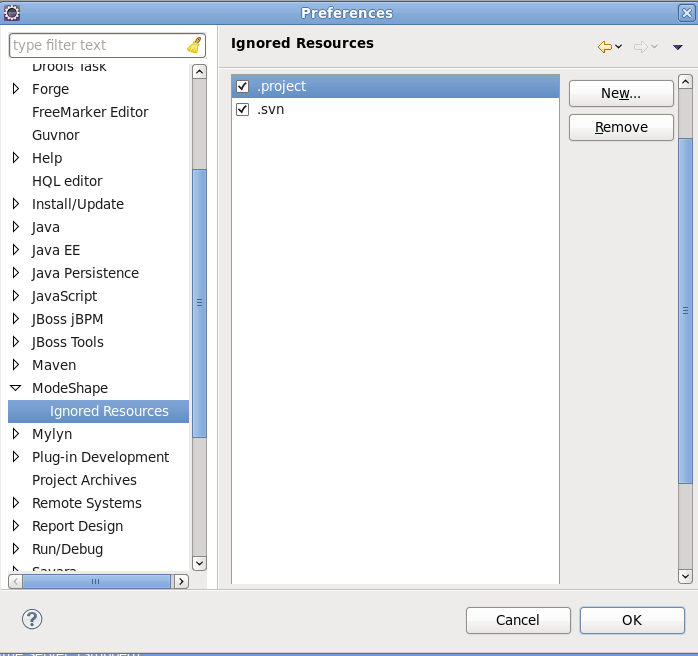 ModeShape: Ignored Resources preferences dialog