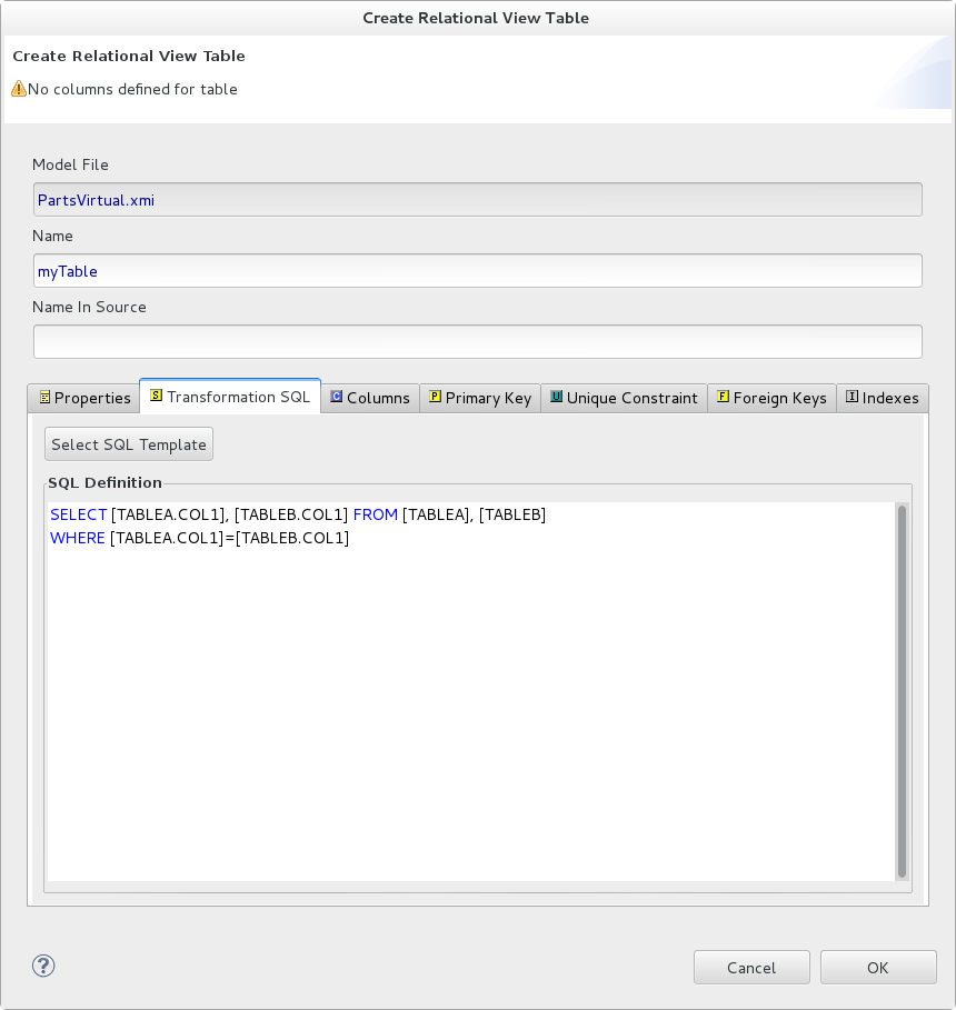 Transformation SQL Tab