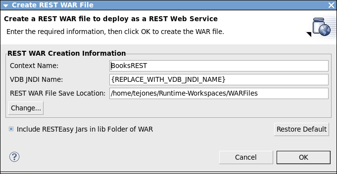 Generate a REST WAR War File ダイアログ