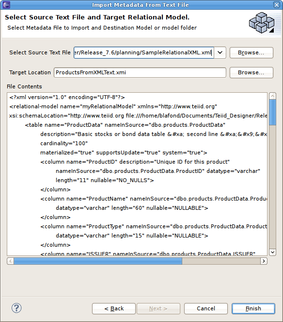 Select Source Text File and Target Relational Model Page