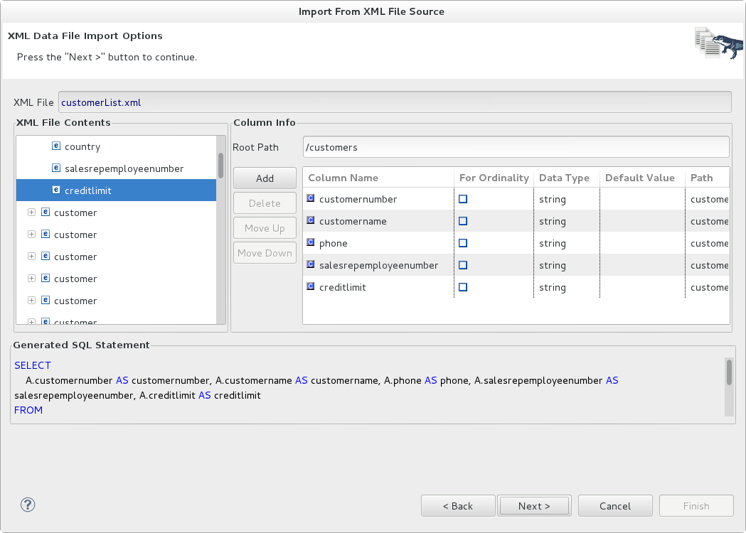 XML File Delimited Columns Options Page