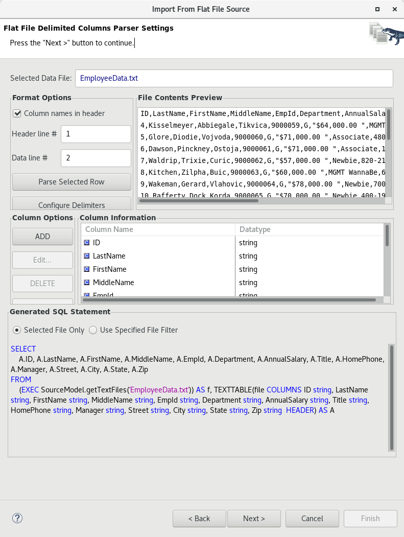 Flat File Delimited Columns Options Page