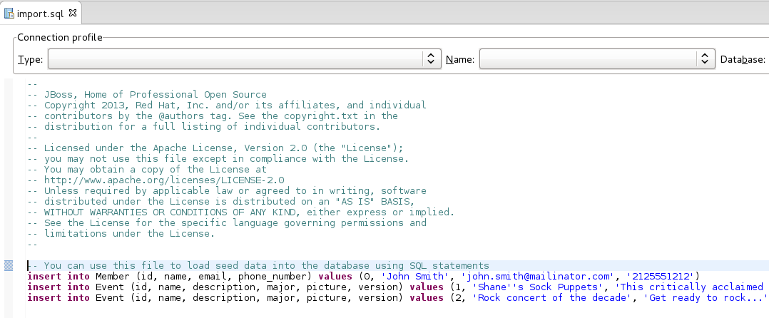 The import.sql file contains the two new Event records.