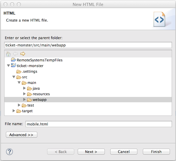 In the Enter or select the parent folder field, type ticket-monster/src/main/webapp. In the File name field, type mobile.html and click Next.