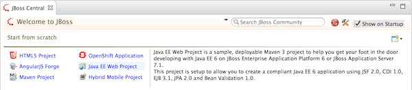 In JBoss Central under Start from scratch, click Java EE Web Project to open the Java EE Web Project wizard.
